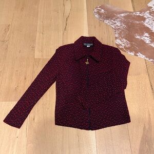 St. John Collection Red & Black Knit Zip Jacket with Gold Accent